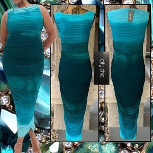 City Chic Halo Ombre Teal Ruched Sleeveless Maxi Dress Curvey Size: 14